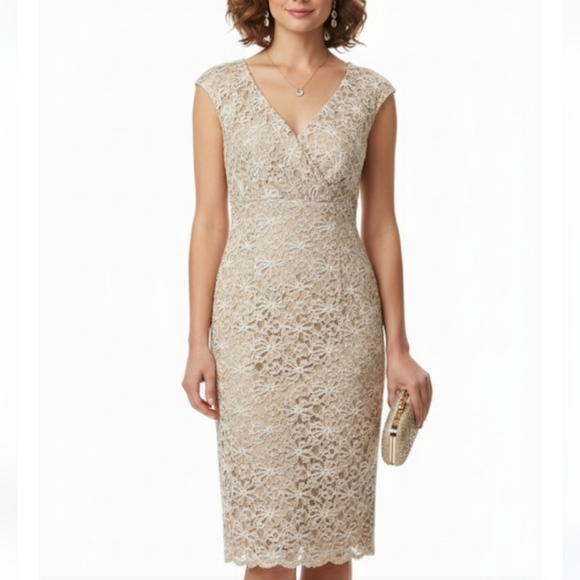 connected apparel Dresses & Skirts - Connected Apparel Lace V-Neck Midi Dress - Cream